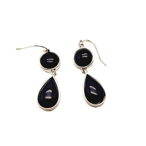 Liz Claiborne Two-tier Drop-Dangle Earrings Deep Navy Silver-tone Bezel - Picture 6 of 11